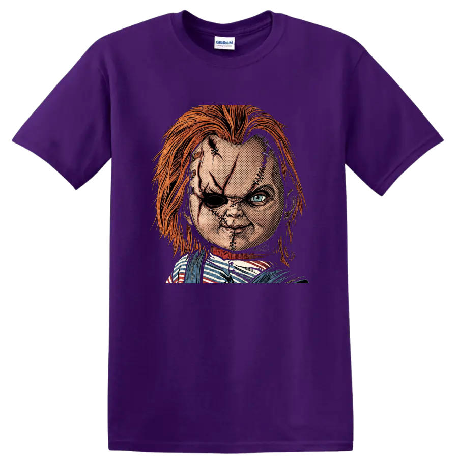 Chucky Child's Play 2 stitched killer doll vintage comic-style portrait on a Purple T Shirt