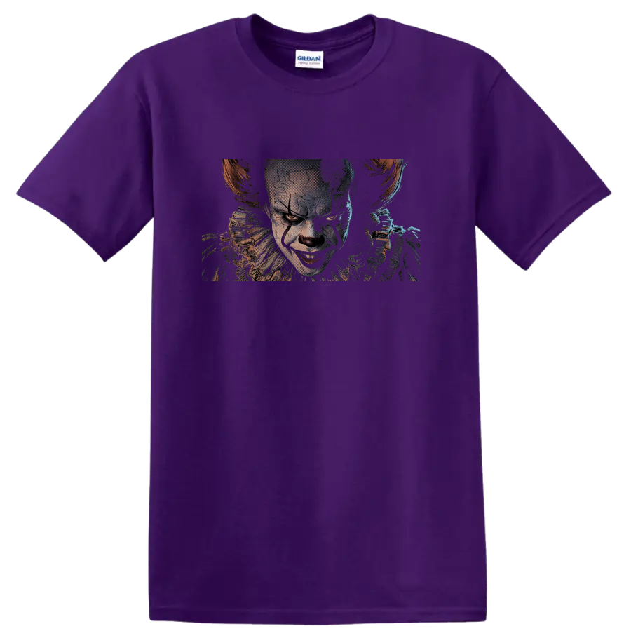 Pennywise from It sinister clown portrait graphic print on a Purple T Shirt