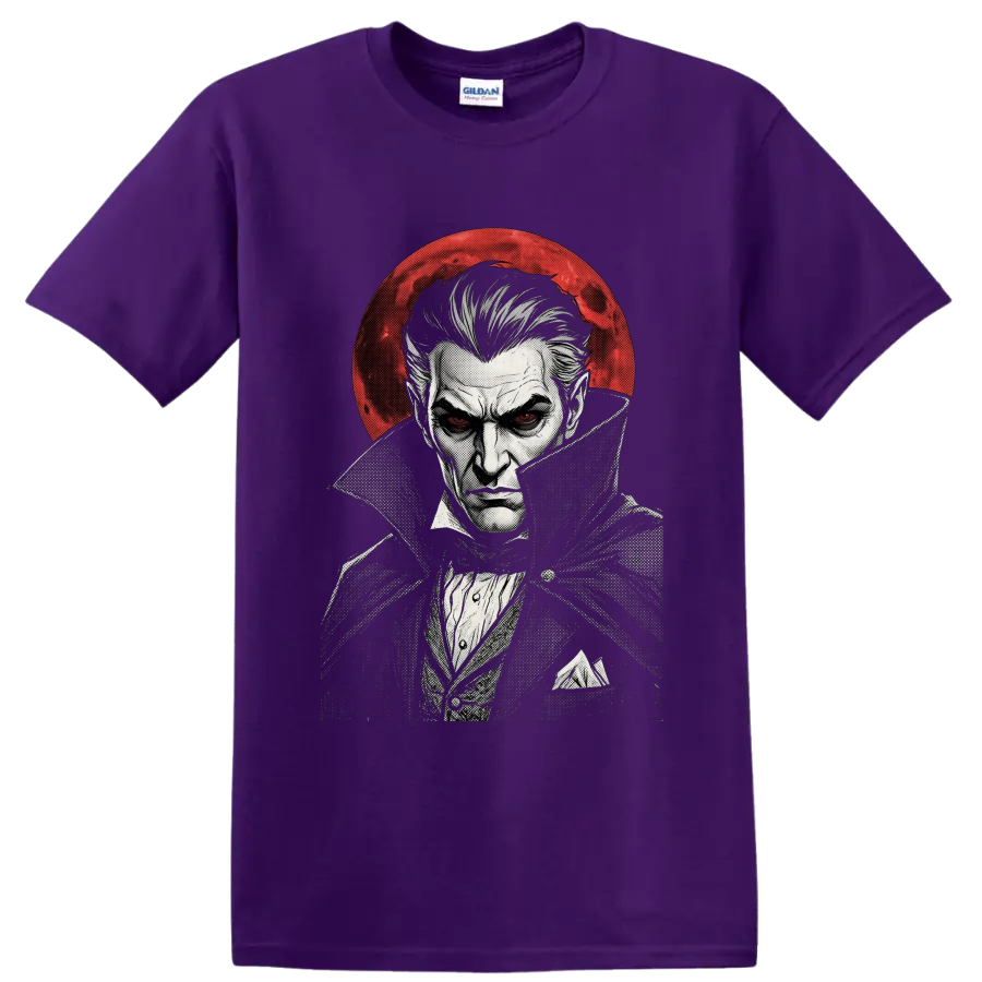 Dracula gothic vampire portrait with red moon in vintage ink style on a Purple T Shirt