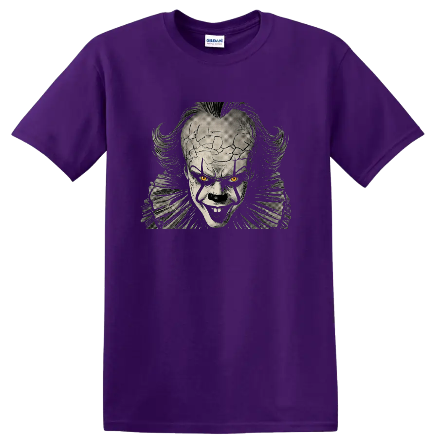 Pennywise from It creepy clown halftone portrait with yellow eyes on a Purple T Shirt