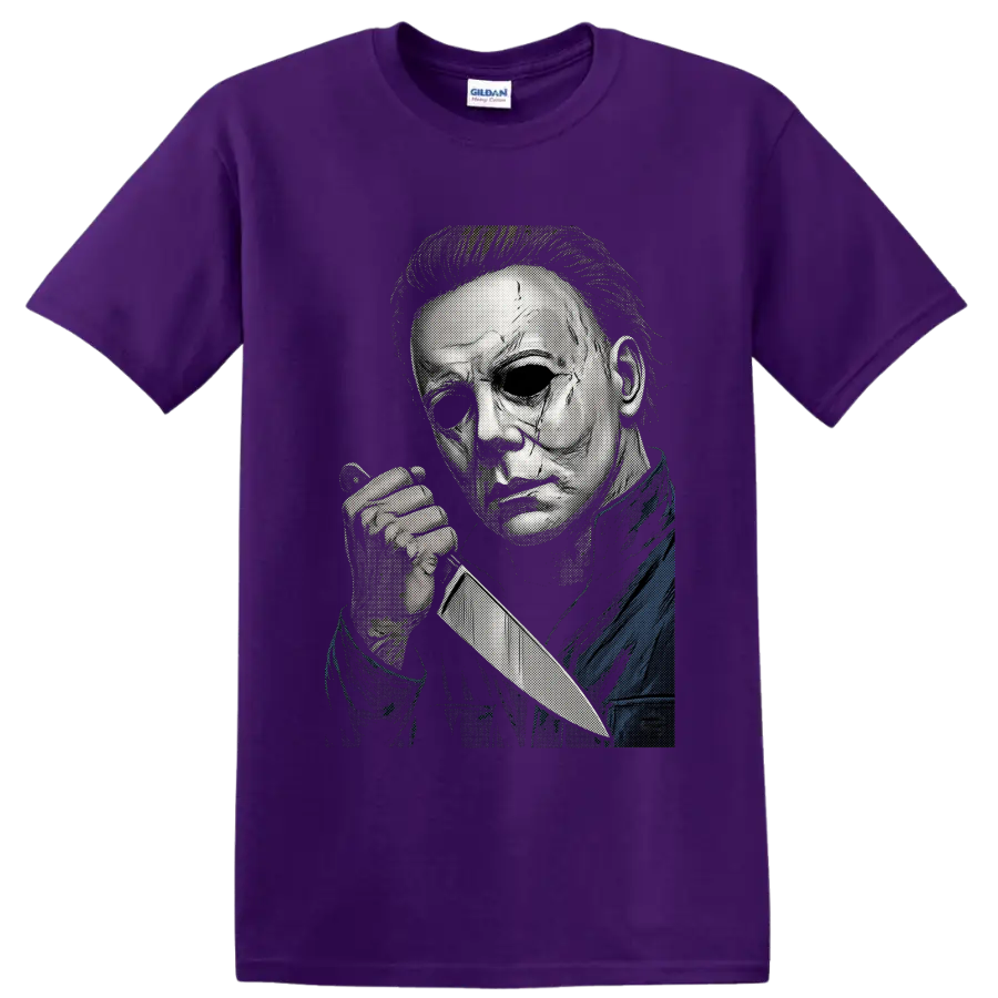 Michael Myers masked knife slasher portrait in halftone horror art on a Purple T Shirt
