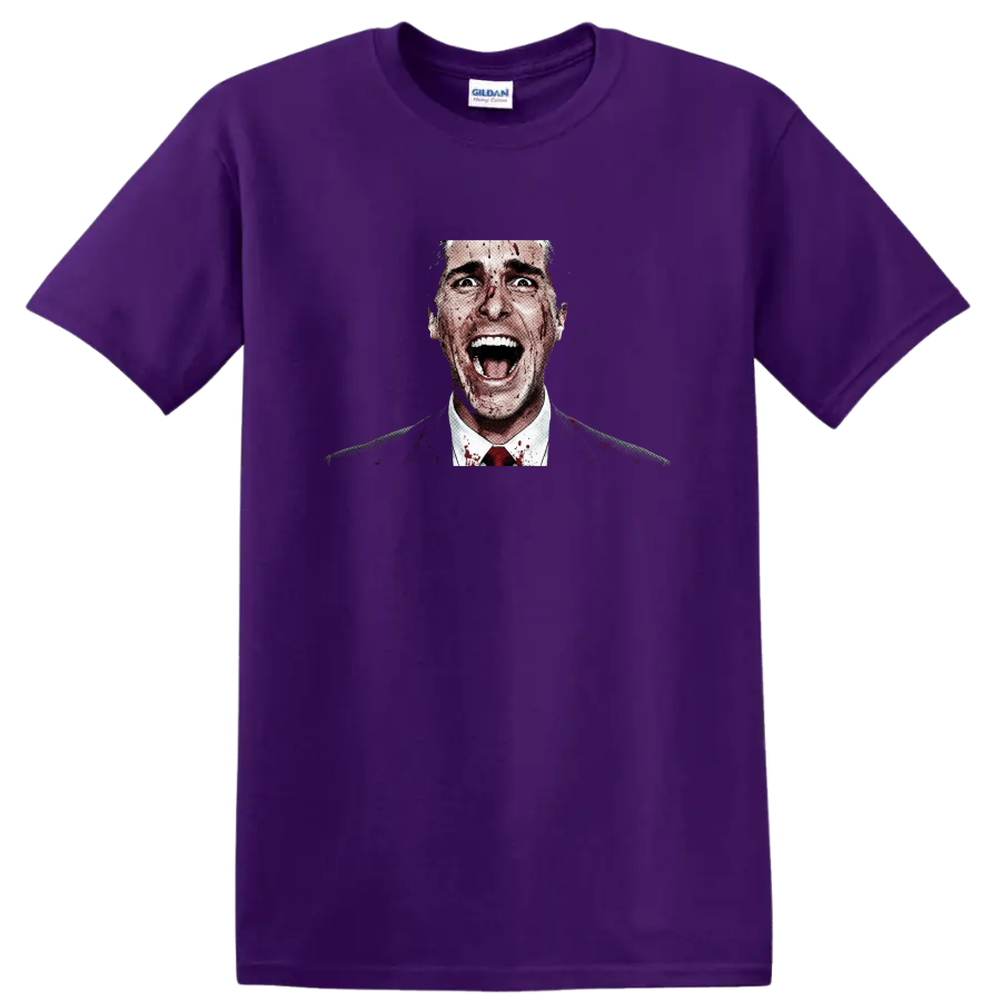 Patrick Bateman American Psycho blood-splatter halftone horror portrait on a Purple T Shirt
