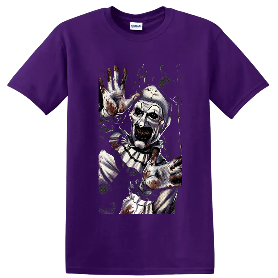 Art the Clown from Terrifier in a gritty bloody horror graphic on a Purple T Shirt