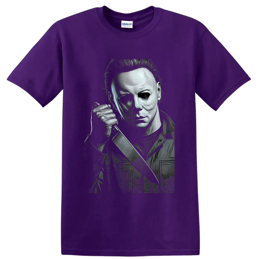Michael Myers Halloween halftone slasher portrait with knife on a Purple T Shirt