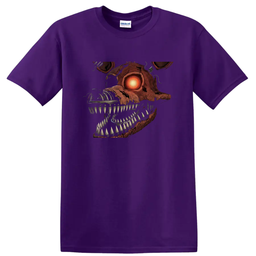 Nightmare Foxy horror animatronic graphic with glowing eye and sharp teeth on a Purple T Shirt
