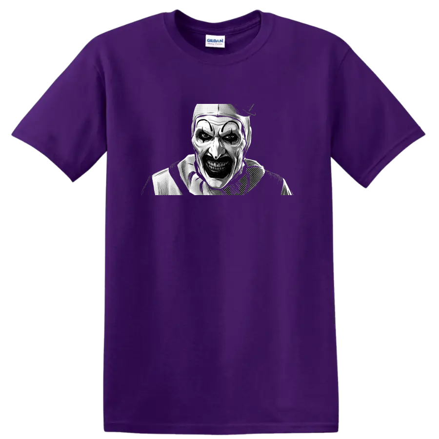 Art the Clown from Terrifier in black and white halftone horror art on a Purple T Shirt