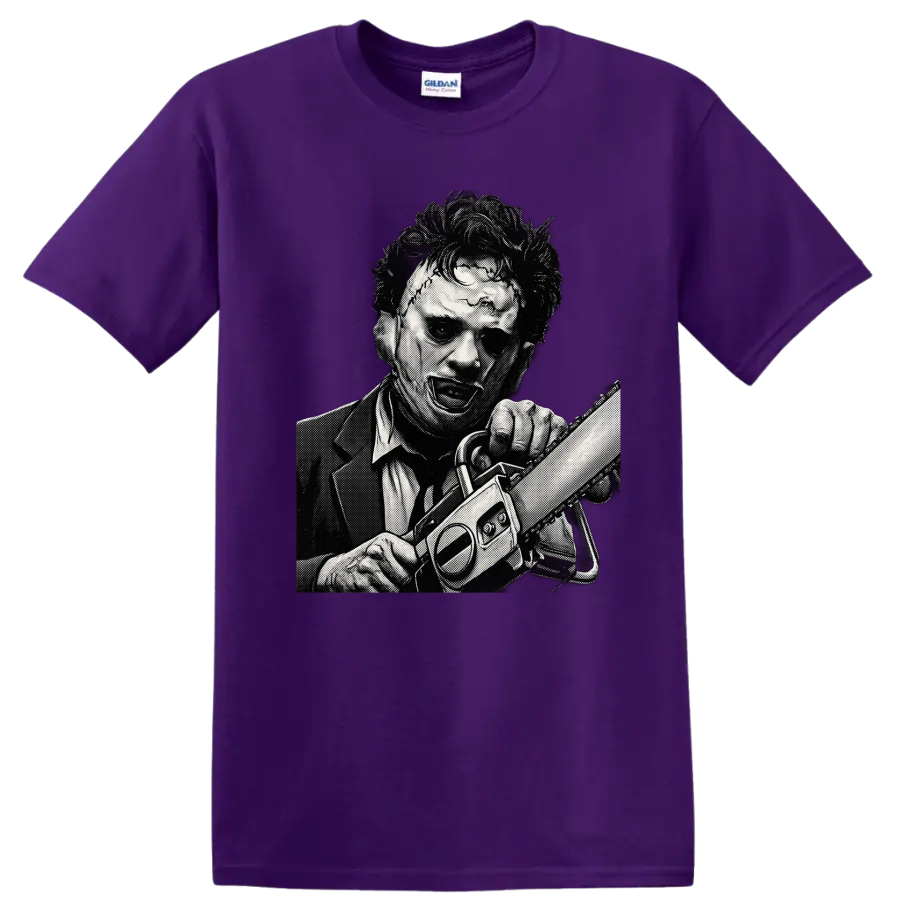 Leatherface wielding a chainsaw in black-and-white halftone horror art on a Purple T Shirt