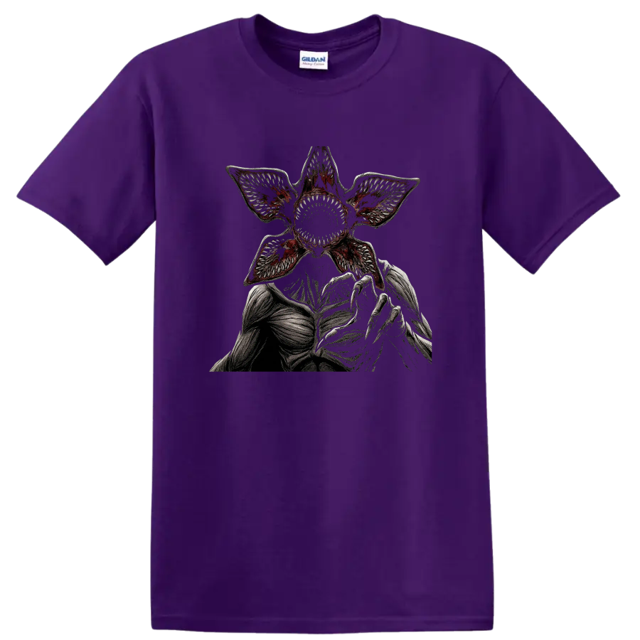 Demogorgon gothic horror graphic with flower-like mouth and reaching claws on a Purple T Shirt