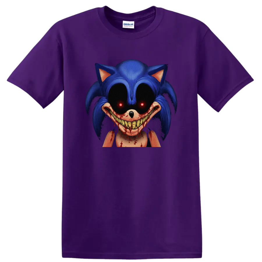 Sonic.EXE horror character with glowing red eyes and bloody toothy grin on a Purple T Shirt