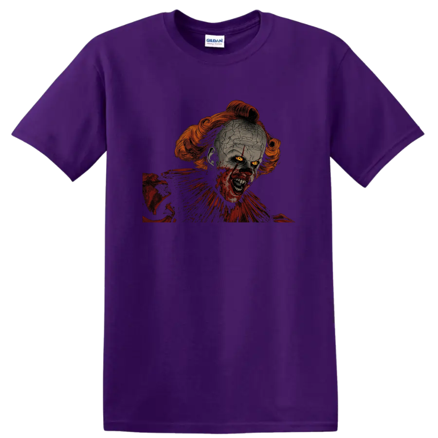 Pennywise from It cracked face horror clown graphic on a Purple T Shirt