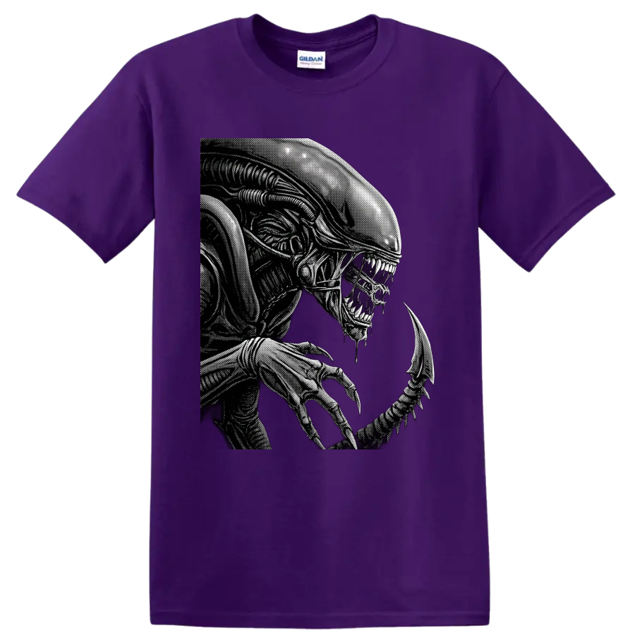 Monochrome Xenomorph Alien biomechanical horror creature graphic on a Purple T Shirt