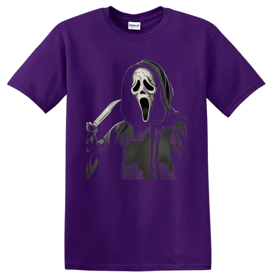 Ghostface holding a knife in a distressed halftone horror graphic on a Purple T Shirt