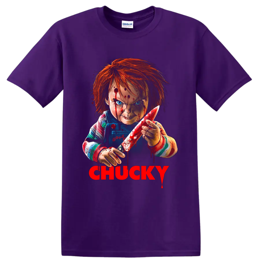 Chucky Child's Play 2 horror graphic with bloody knife and CHUCKY text on a Purple T Shirt