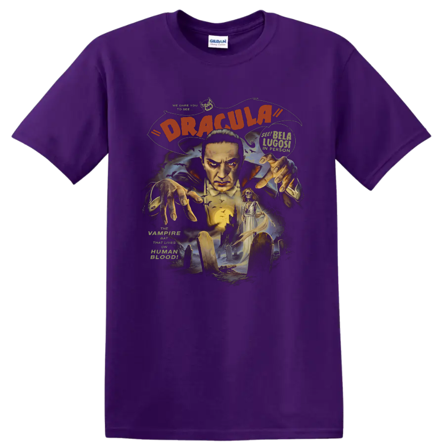 Bela Lugosi as Count Dracula vintage gothic graveyard horror graphic on a Purple T Shirt