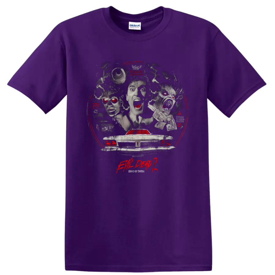 Evil Dead II horror collage with possessed faces and haunted car on a Purple T Shirt