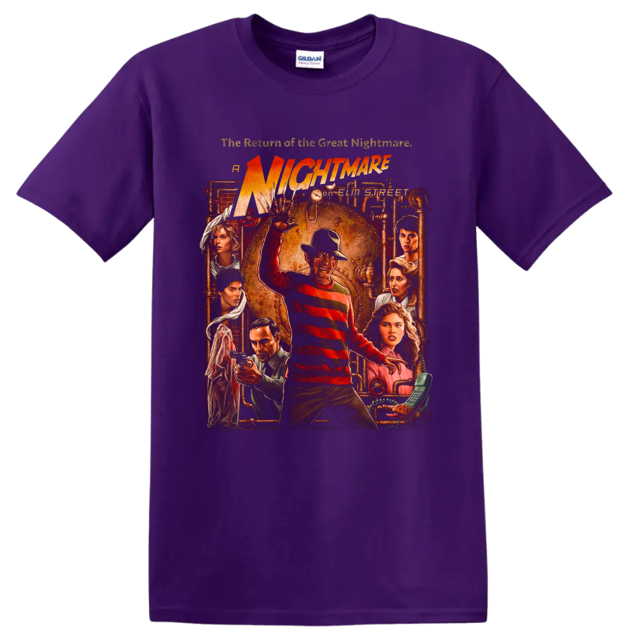 Freddy Krueger vintage horror poster graphic with A Nightmare on Elm Street text on a Purple T Shirt