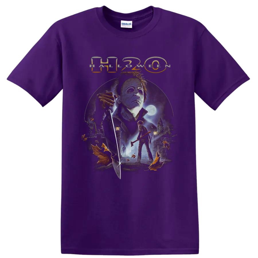 Michael Myers H20 moonlit slasher horror graphic with knife on a Purple T Shirt