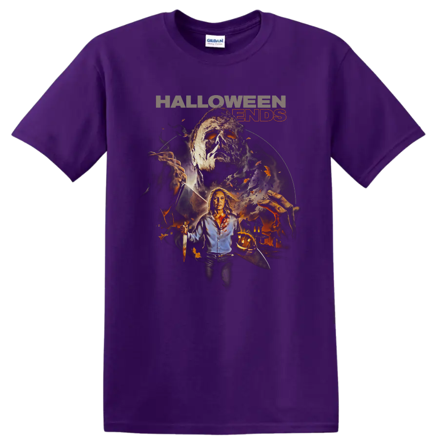 Halloween Ends Laurie Strode and Michael Myers horror graphic print on a Purple T Shirt