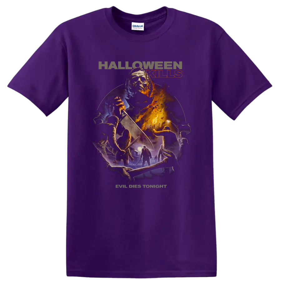Michael Myers Halloween Kills slasher collage with knife and horror text on a Purple T Shirt