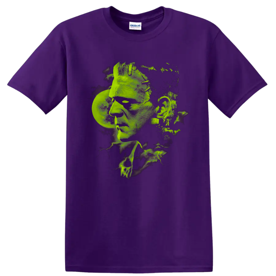 Boris Karloff as Frankenstein's Monster in distressed green gothic artwork on a Purple T Shirt