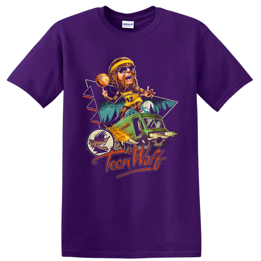 Scott Howard as a basketball-playing werewolf with Teen Wolf script on a Purple T Shirt