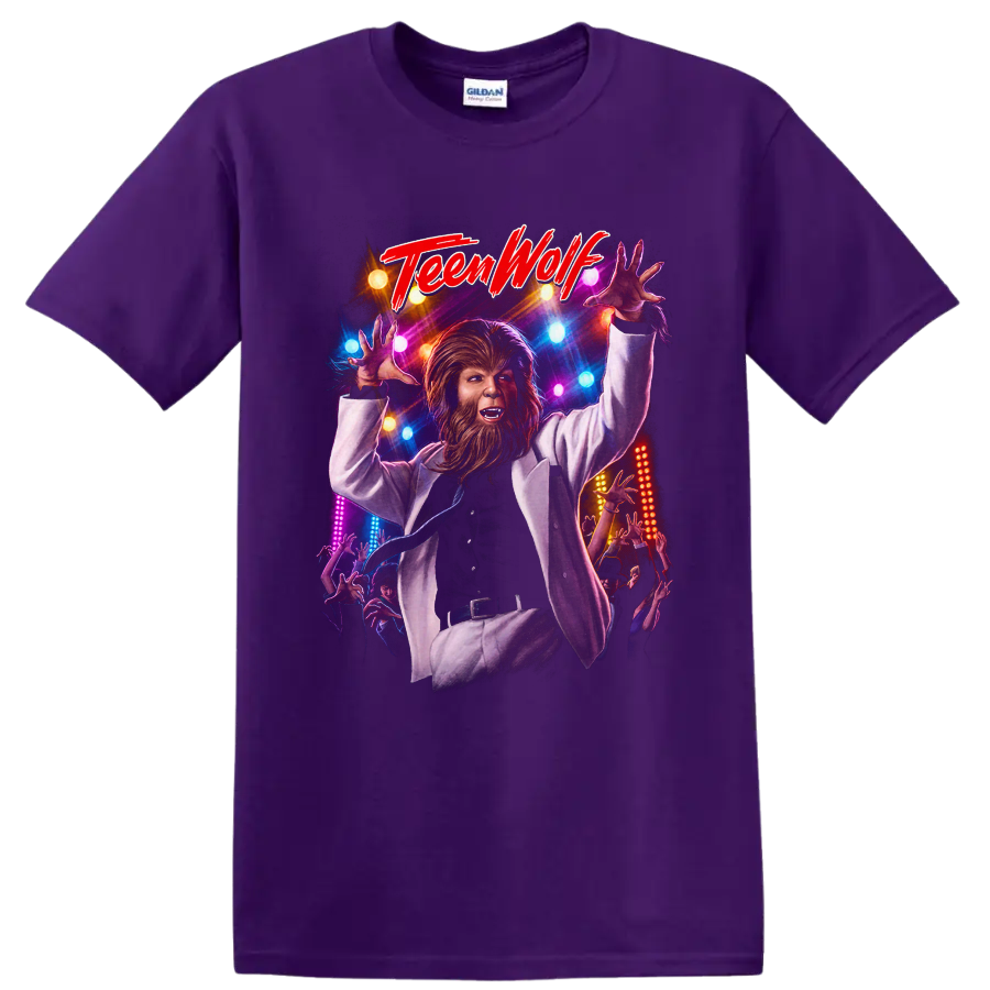 Michael J. Fox as the Teen Wolf werewolf in a colorful dance scene on a Purple T Shirt