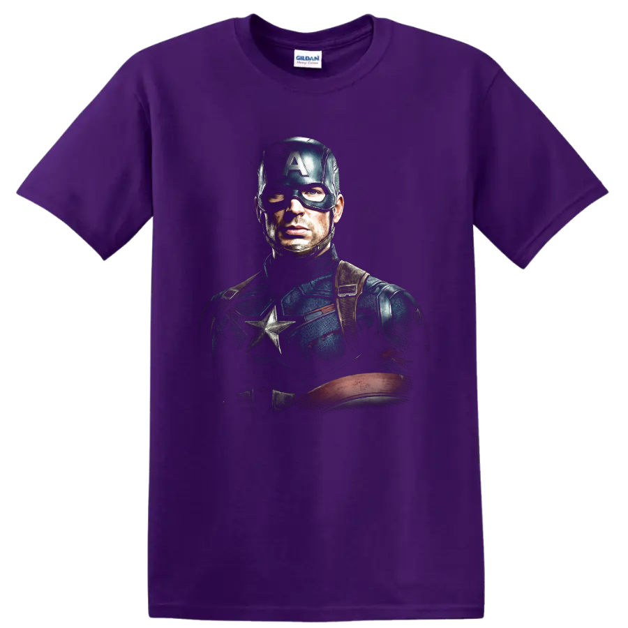 Captain America Chris Evans cinematic superhero portrait with shield on a Purple T Shirt