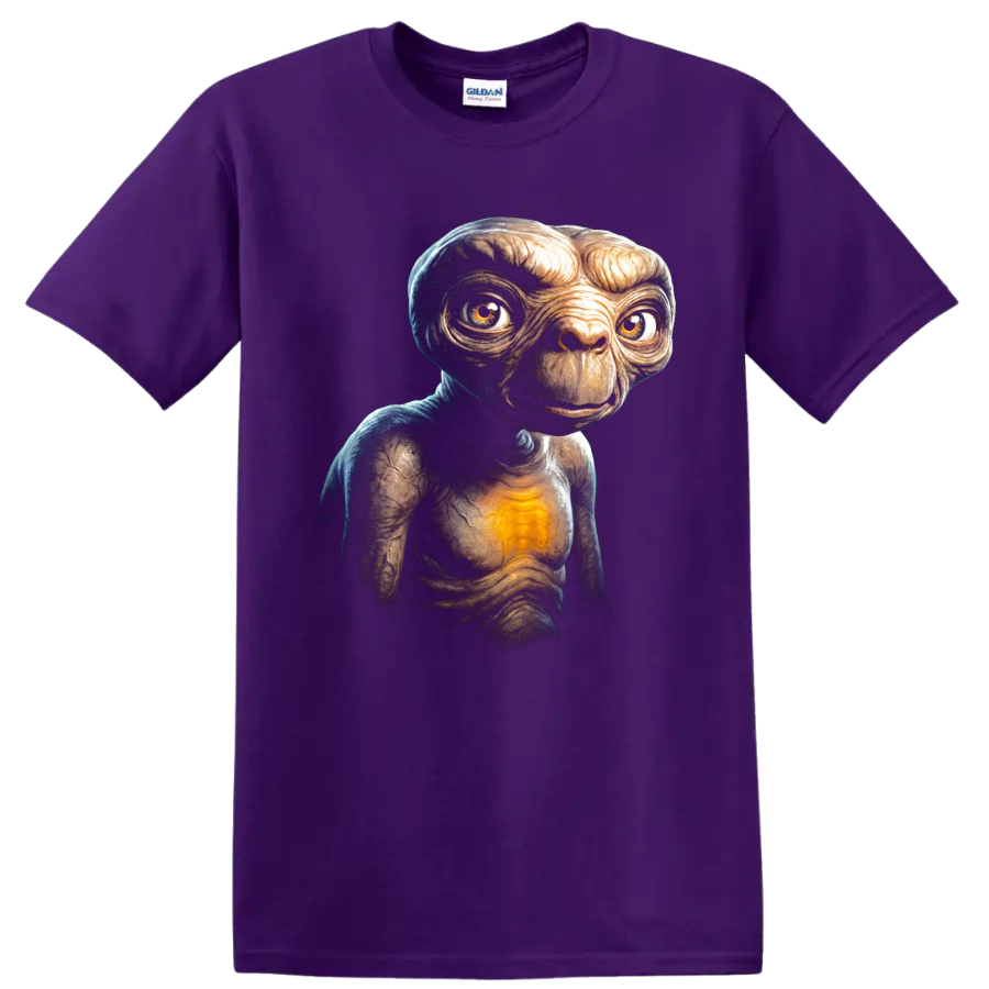 E.T. glowing heart alien portrait graphic print on a Purple T Shirt