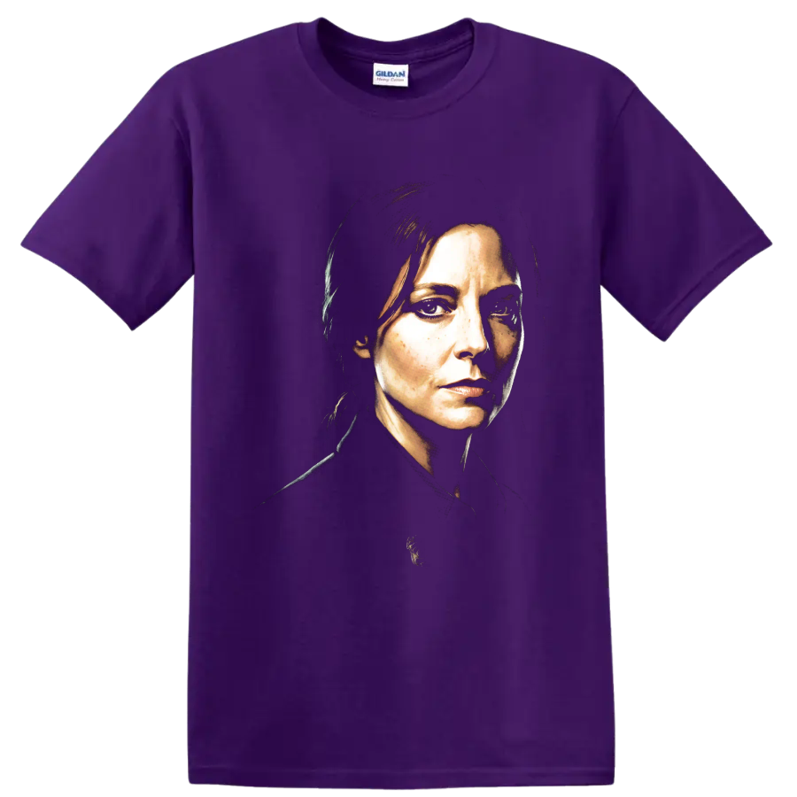 Carol portrait from Pluribus in dramatic painterly character art on a Purple T Shirt