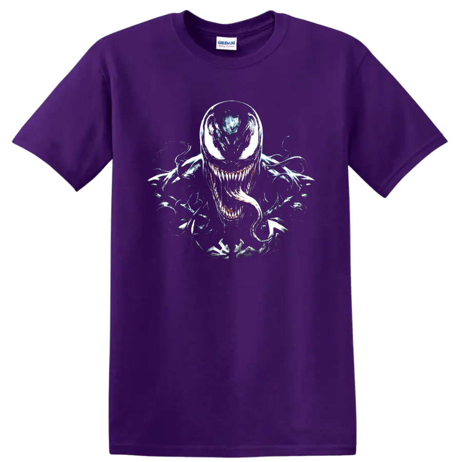 Venom symbiote monster graphic with sharp teeth and curling tongue on a Purple T Shirt