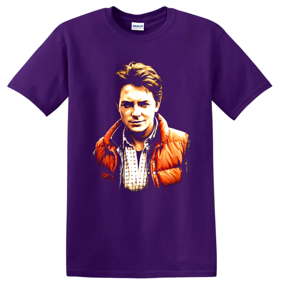 Marty McFly Back to the Future vintage painted portrait graphic on a Purple T Shirt