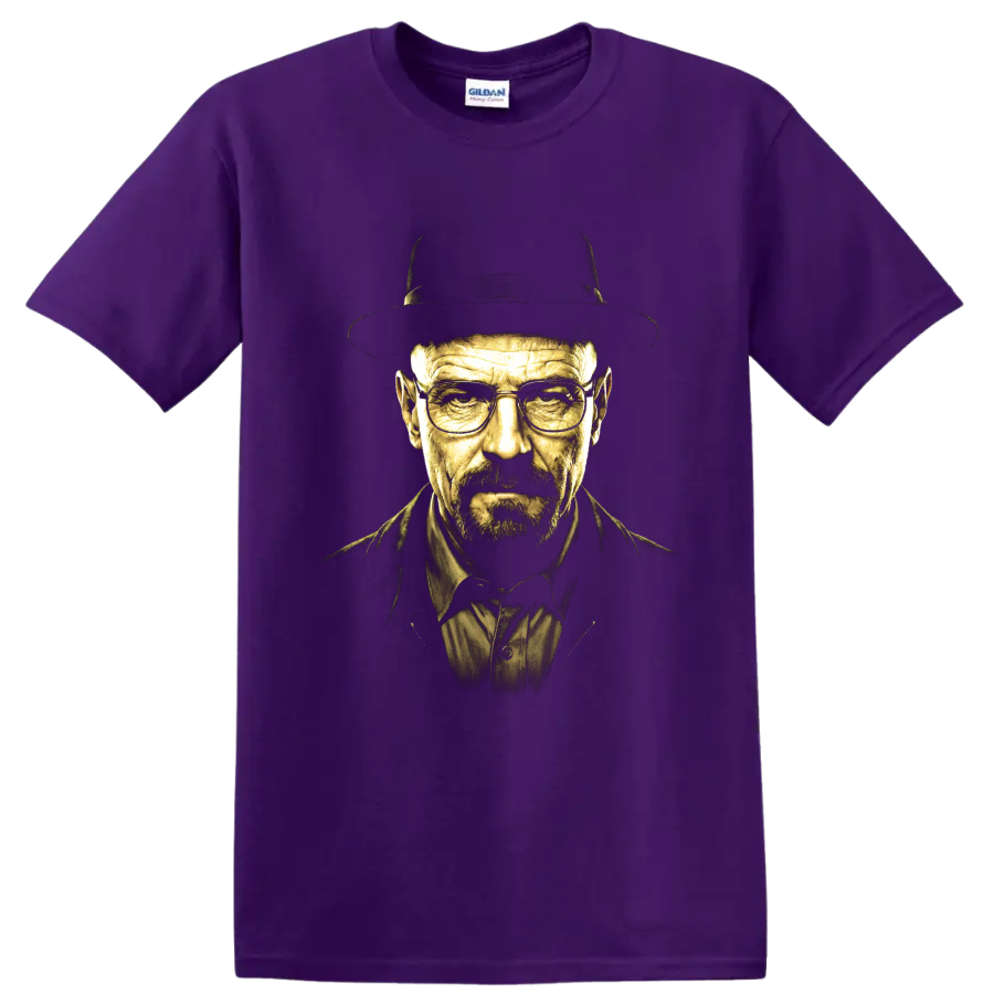 Walter White Breaking Bad portrait graphic with hat and glasses on a Purple T Shirt