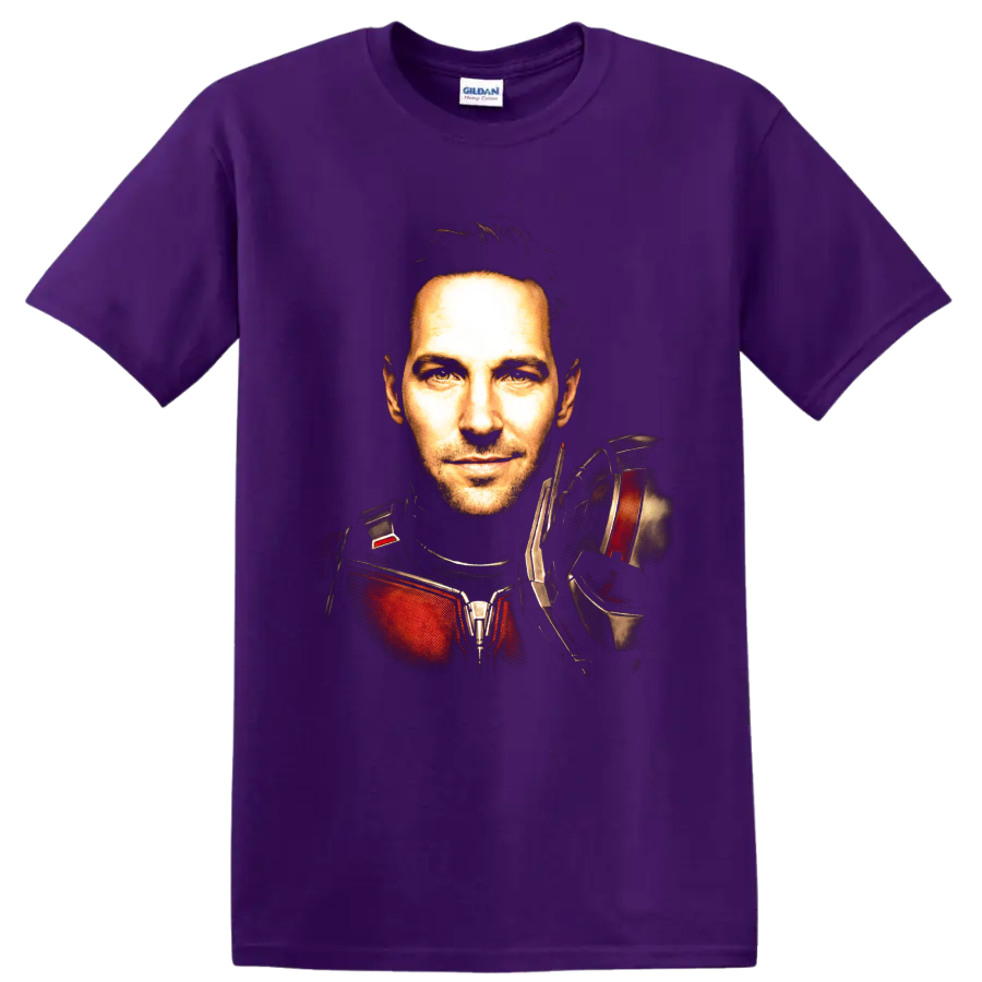 Scott Lang Ant-Man portrait in red and black armored suit on a Purple T Shirt