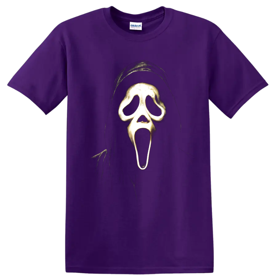 Ghostface hooded screaming mask horror graphic from Scream on a Purple T Shirt