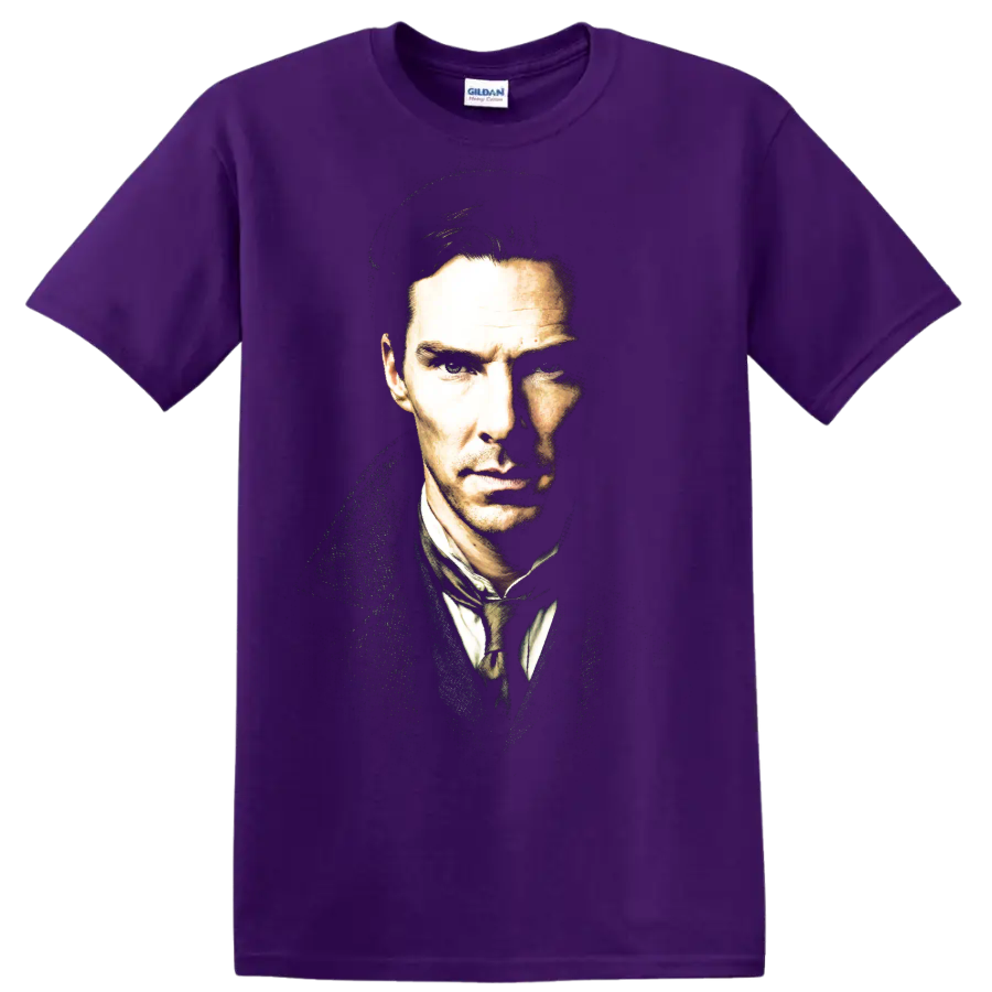 Benedict Cumberbatch as Sherlock in a dramatic high-contrast portrait on a Purple T Shirt