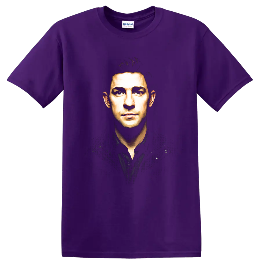 Jim Halpert portrait in a dramatic painterly graphic style on a Purple T Shirt
