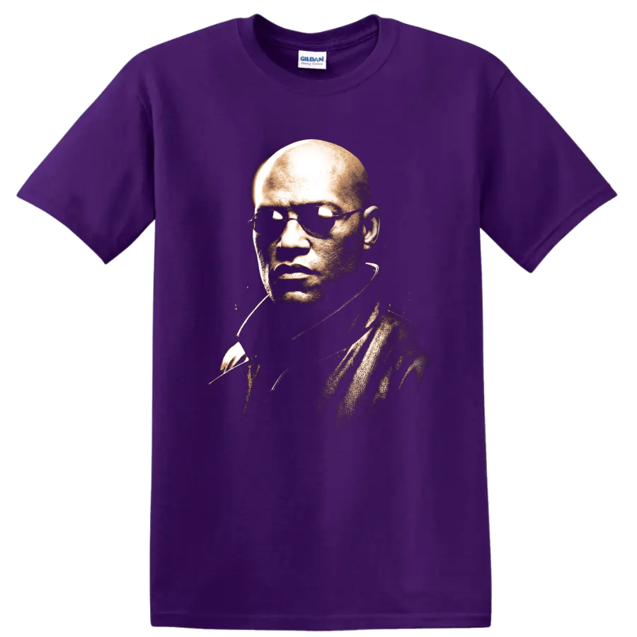 Morpheus from The Matrix sepia portrait with sunglasses on a Purple T Shirt