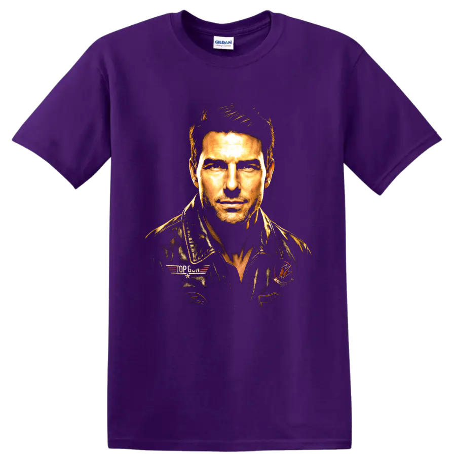 Pete Maverick Mitchell Top Gun pilot portrait graphic print on a Purple T Shirt