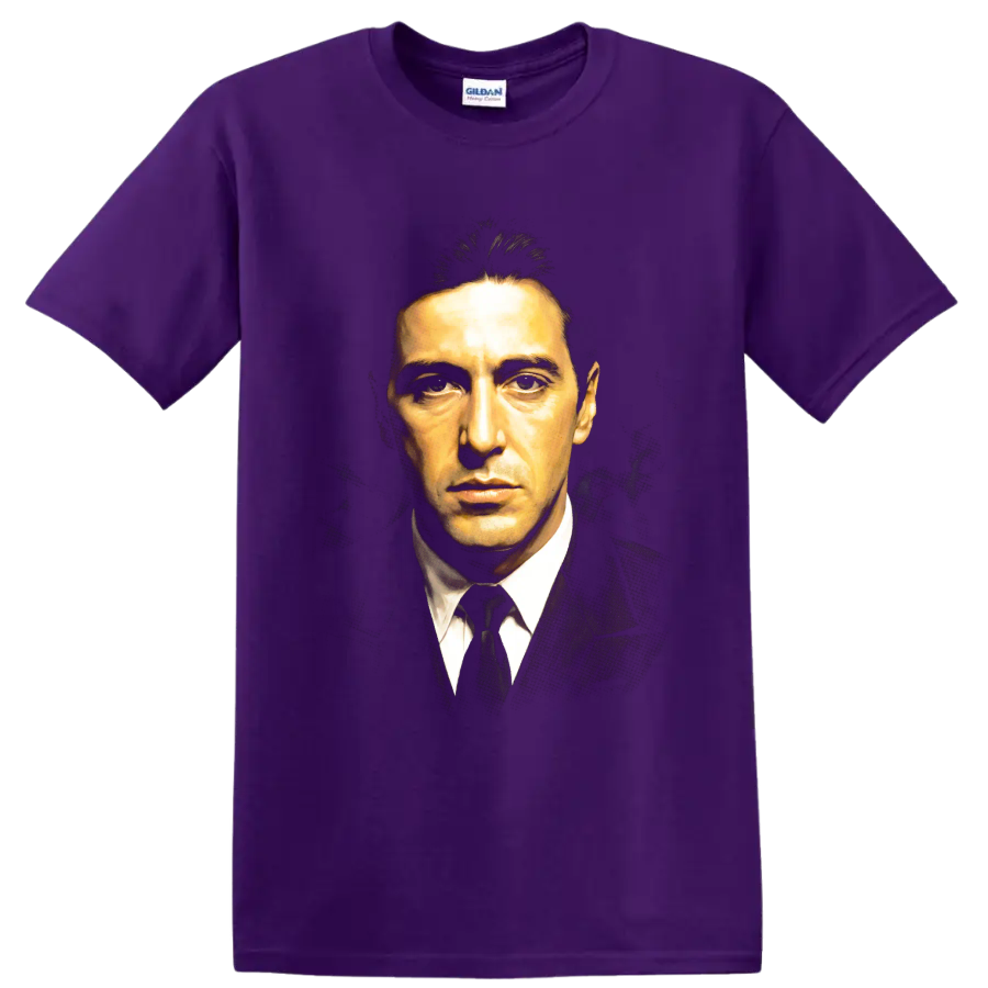 Michael Corleone portrait in dark suit, painterly cinematic graphic print on a Purple T Shirt