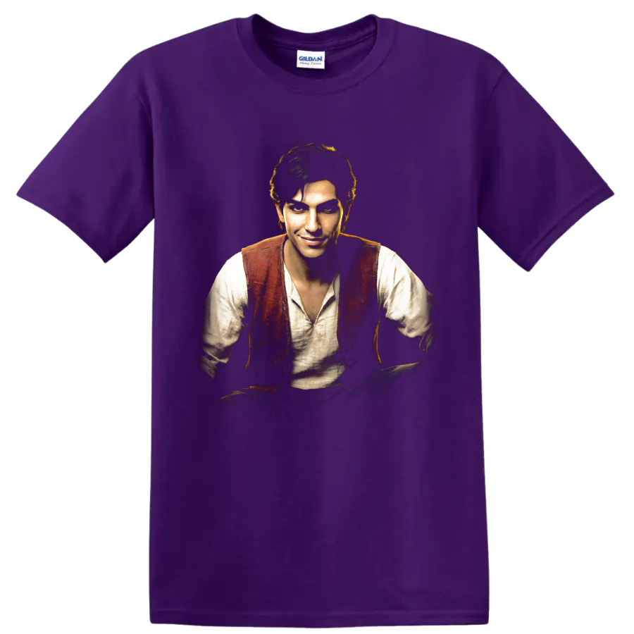 Zevran Arainai Dragon Age rogue portrait graphic print on a Purple T Shirt