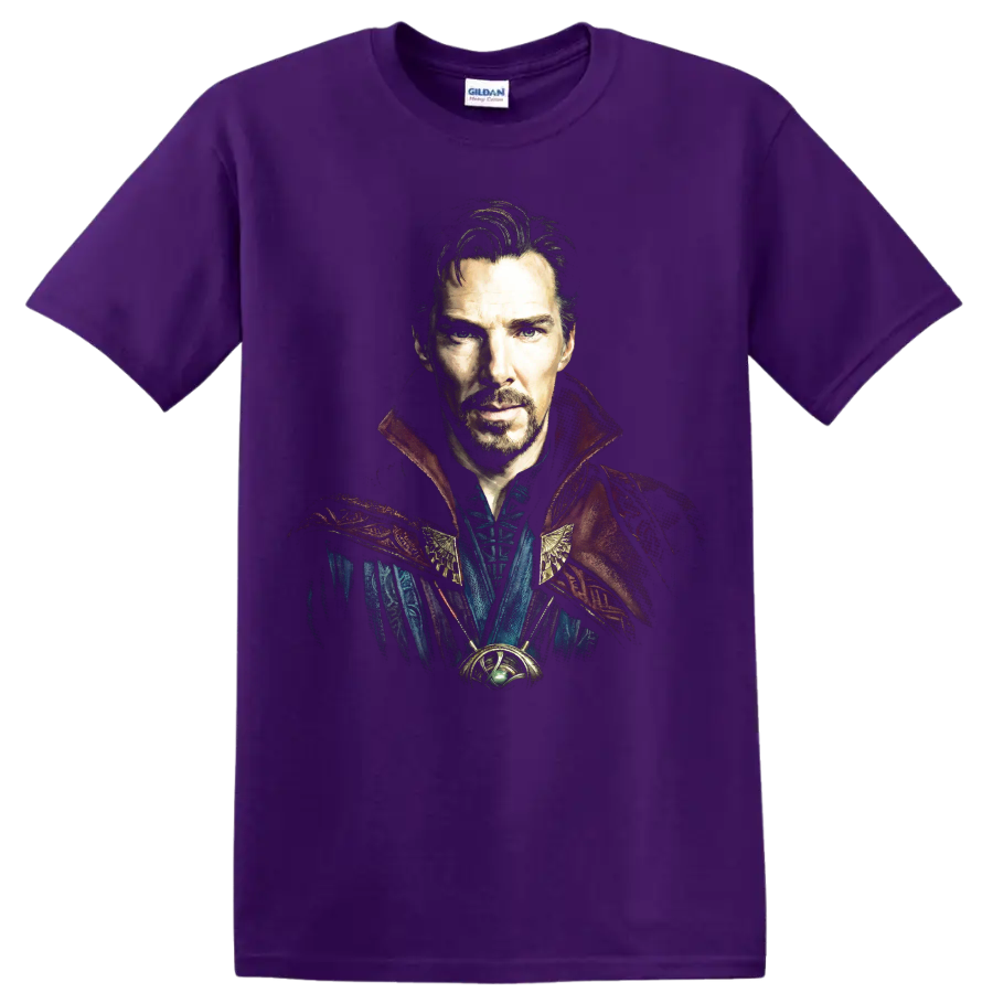 Doctor Strange mystic sorcerer portrait fantasy graphic print on a Purple T Shirt