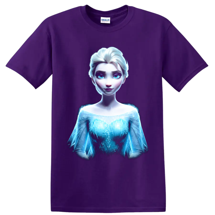 Elsa Frozen ice princess portrait graphic print on a Purple T Shirt