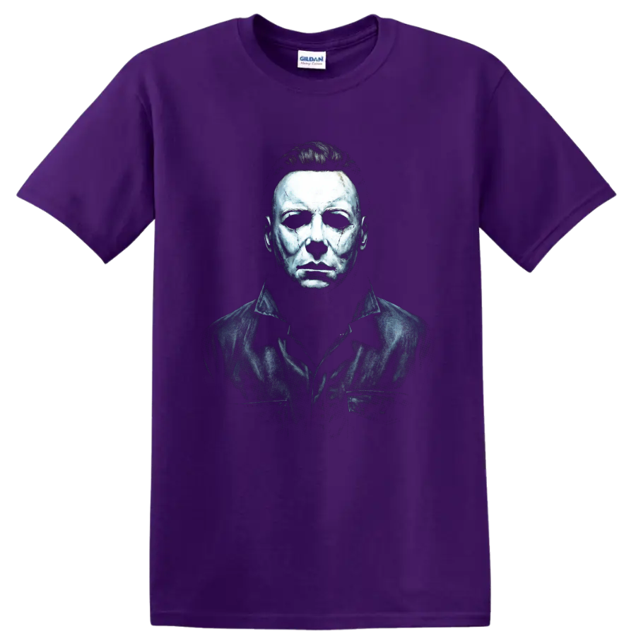 Michael Myers Halloween horror portrait graphic print on a Purple T Shirt