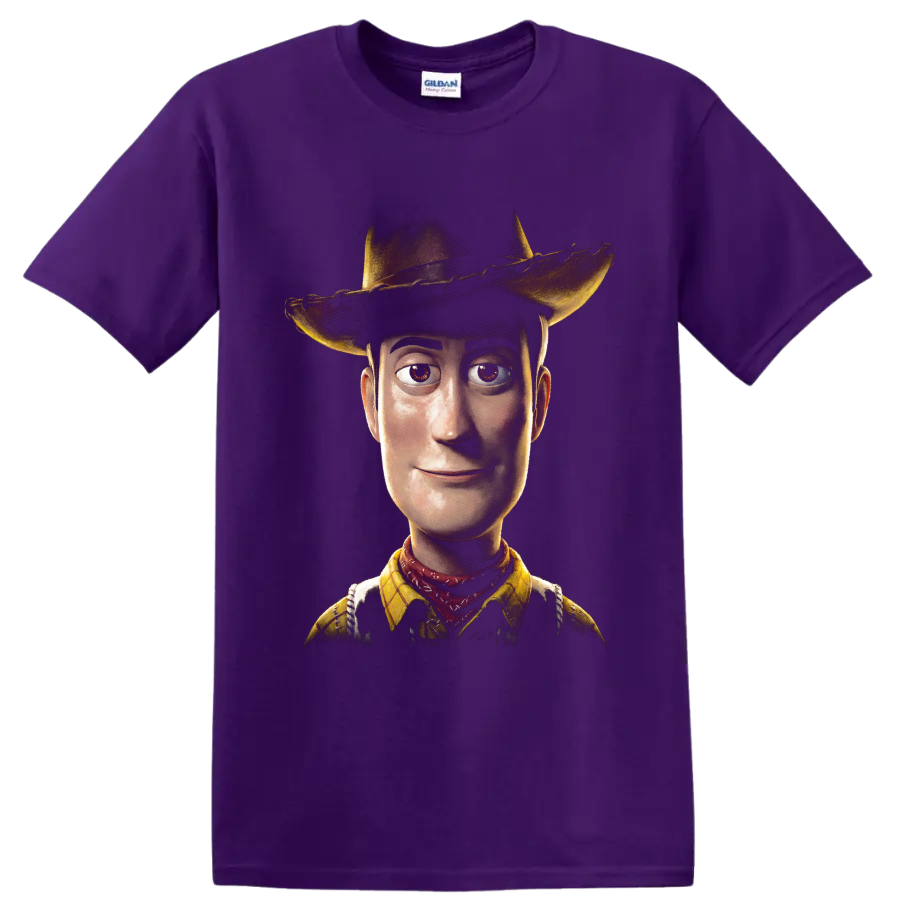 Woody from Toy Story cowboy portrait graphic print on a Purple T Shirt