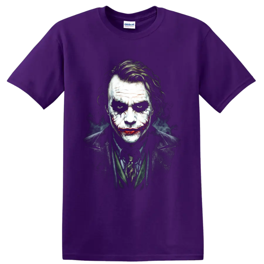 Joker from The Dark Knight gritty painted portrait graphic on a Purple T Shirt