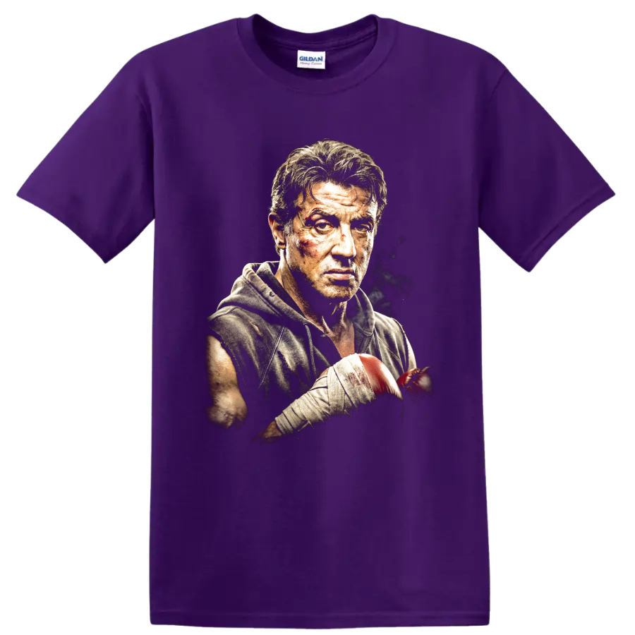 Rocky Balboa boxing portrait graphic print on a Purple T Shirt