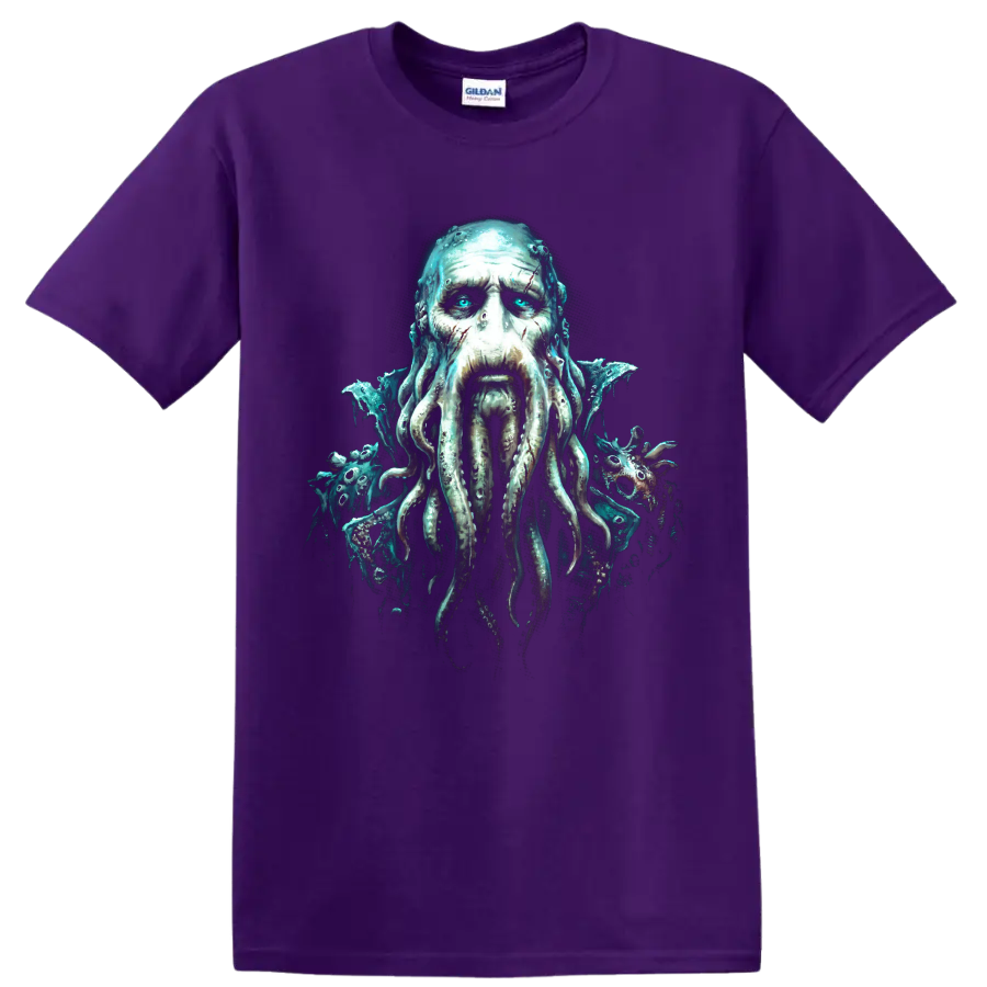 Davy Jones tentacled sea captain horror-fantasy graphic portrait on a Purple T Shirt