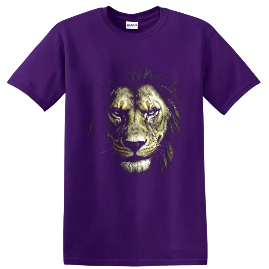 Scar from The Lion King as a dramatic scarred lion portrait on a Purple T Shirt