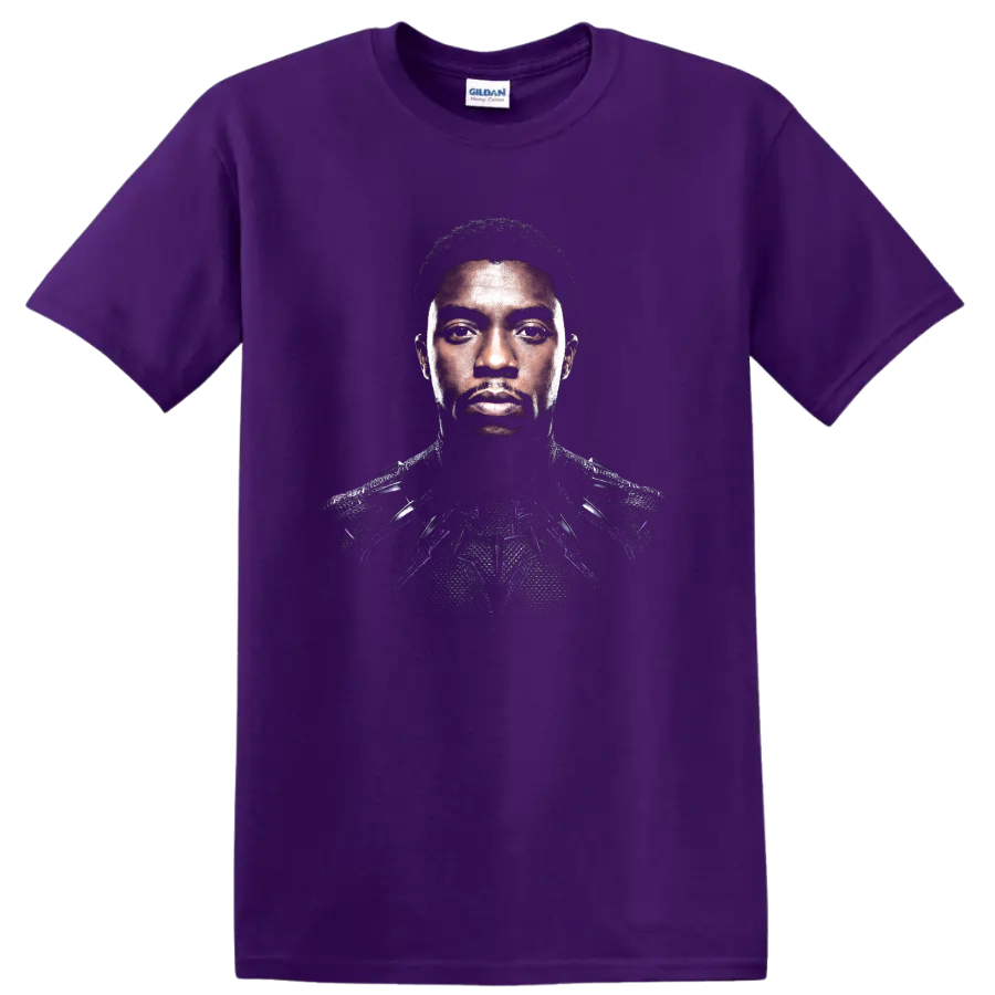 Black Panther armored portrait graphic with purple accents on a Purple T Shirt