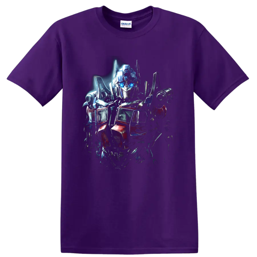 Optimus Prime Transformers robot graphic with red blue and silver armor on a Purple T Shirt